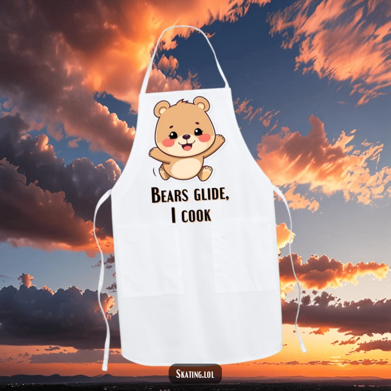 Funny apron showing a happy bear with a determined grin, gliding while cooking, adding cheerful energy to the kitchen.
