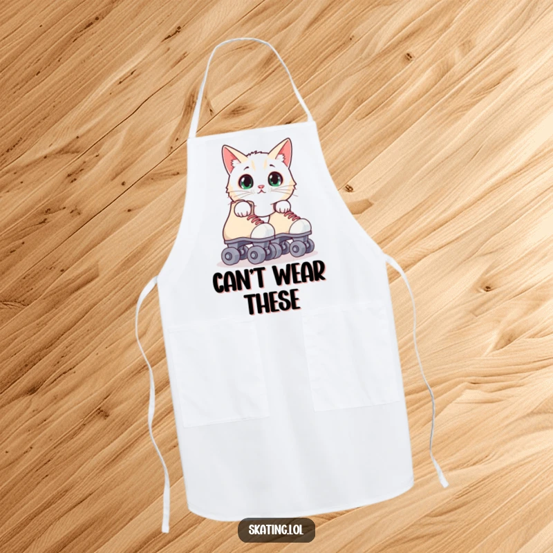 Funny surprised cat apron with a feline peeking from behind roller skates, a humorous and practical kitchen accessory.