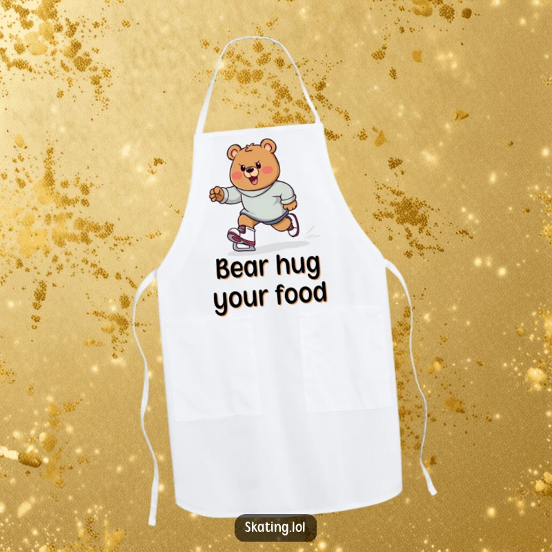 Funny bear character wearing an apron, skating with determination, energetic strides, humorous kitchen theme, great funny gift.