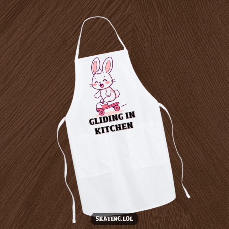 Funny bunny apron, a cute bunny gleefully gliding on roller skates with a joyful expression, adding fun to cooking.