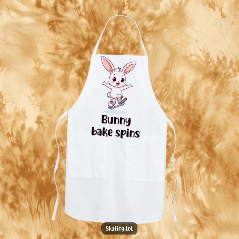 Funny apron showcasing a delighted bunny character bouncing and attempting a graceful spin on ice skates, perfect for cooks who bring joy.