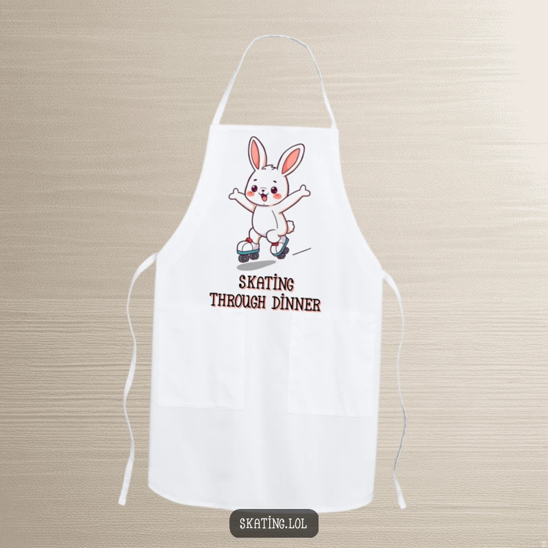 Funny bunny apron with a cute character joyfully roller skating, arms outstretched, a fun and practical accessory for the kitchen.