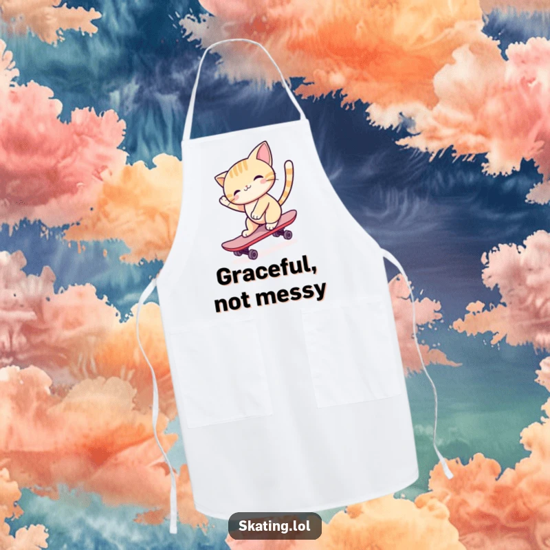 Funny cat character skateboarding gracefully while wearing an apron, ready for kitchen duty with a humorous flair.