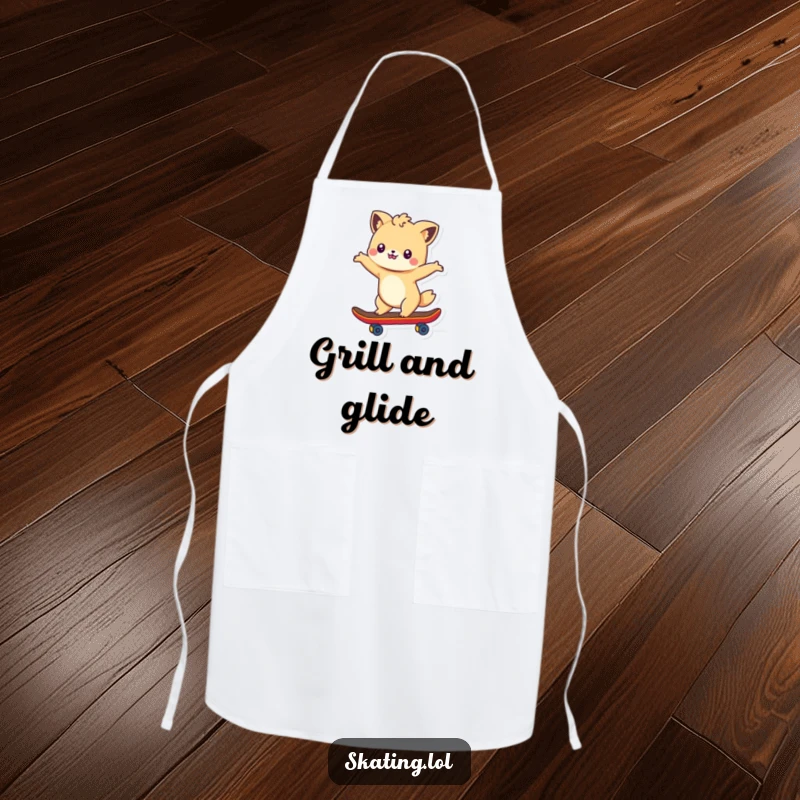 Funny apron showing a cute animal character skateboarding gracefully with arms outstretched, bringing energy to the kitchen.