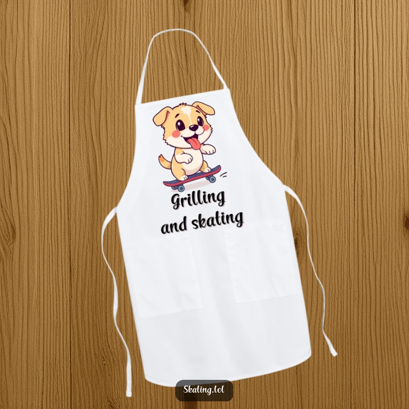 Funny dog apron with a playful pup enthusiastically pushing off on a roller skate, a fun and practical kitchen accessory.