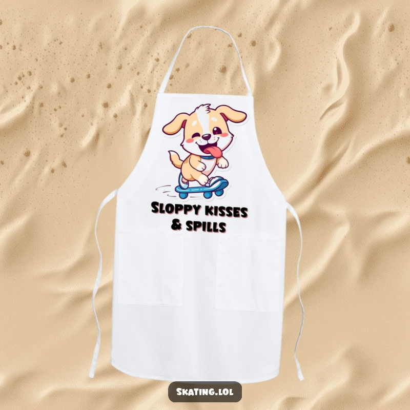 Funny dog character wearing an apron, skating with kitchen utensils, humorous cooking theme, great funny gift.