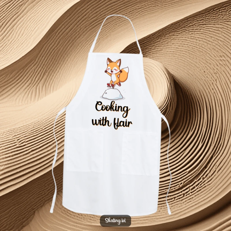 Funny Fox Apron: A cheerful fox character leaps over an ice bump, perfect for kitchen fun.