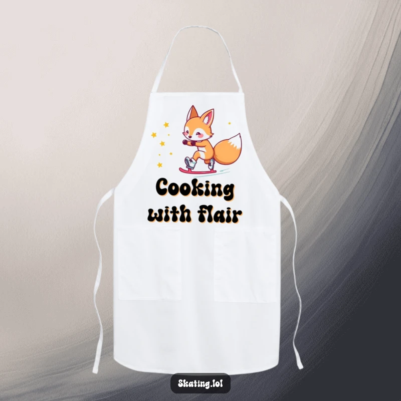 Funny fox apron: a cute fox character comically slides on roller skates, leaving a trail of stars, a magical accessory.