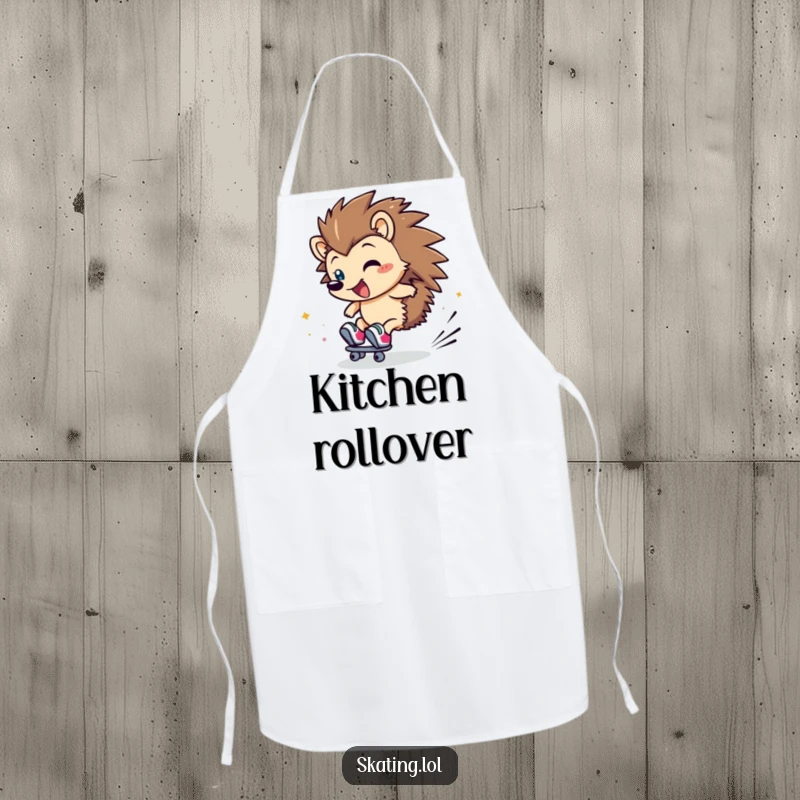 Funny Hedgehog Apron: A clumsy hedgehog character rolls on skates, perfect for kitchen fun.