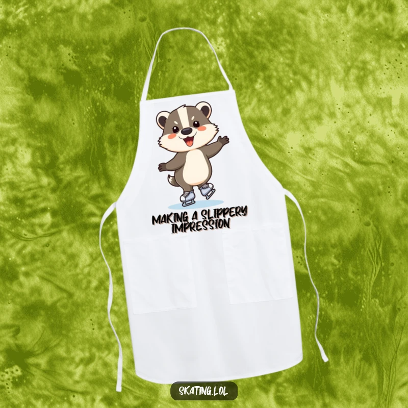 Funny ice skating badger apron, a cheerful animal on ice skates, perfect for kitchen fun and a humorous gift.