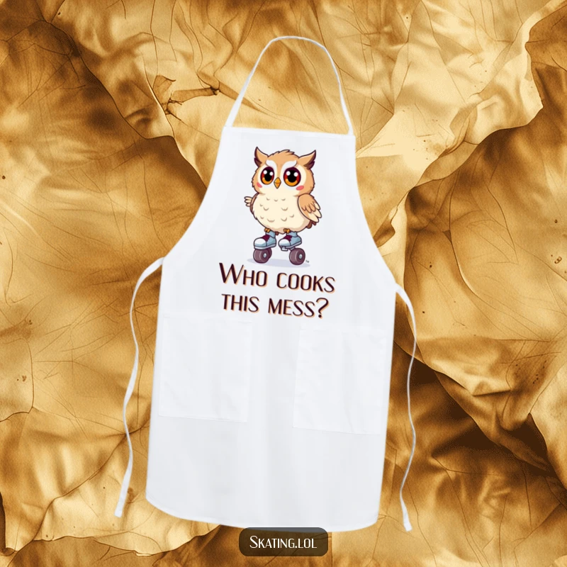 Funny apron showing a surprised owl wobbling on tiny roller skates, bringing cheerful, comical energy to cooking.