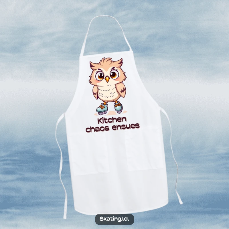 Funny owl character wearing an apron, skating surprisingly, wide eyes, humorous kitchen theme, great funny gift.