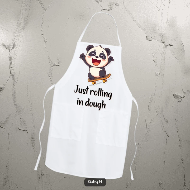 Funny panda wearing an apron, skateboarding downhill with a grin, humorous kitchen accessory and gift.