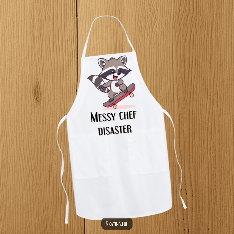 Funny raccoon character on a skateboard, wobbling wildly in a kitchen setting, perfect for a humorous apron.