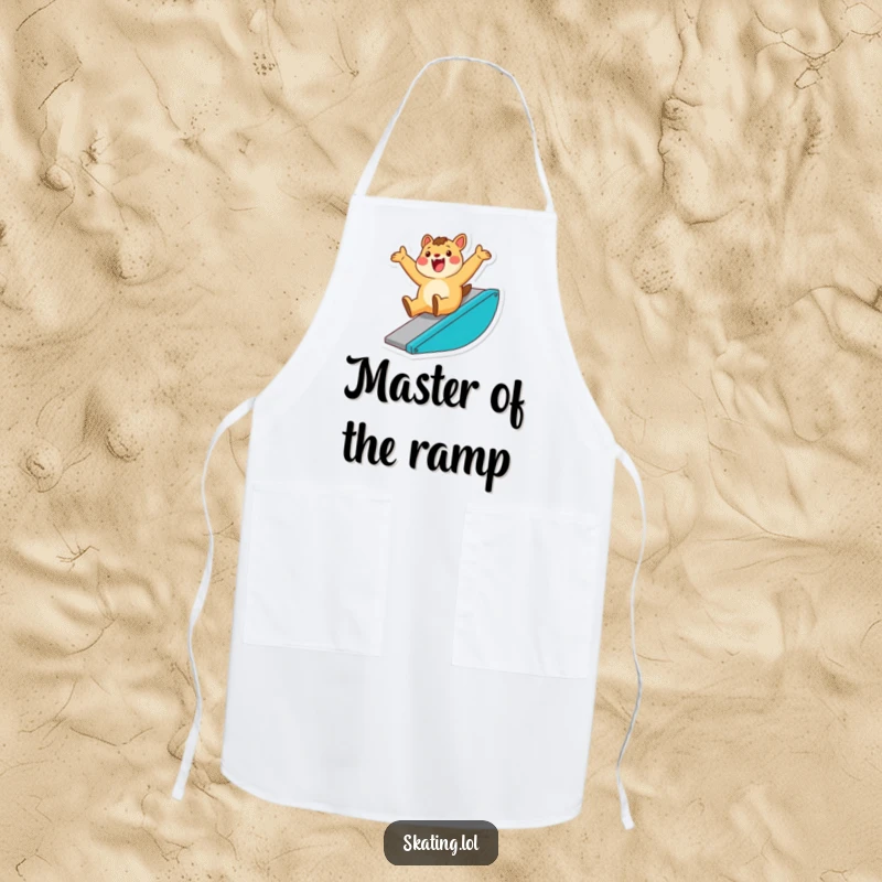 Funny apron with an enthusiastic animal character sliding down a ramp with a triumphant flourish, adding humor to cooking.