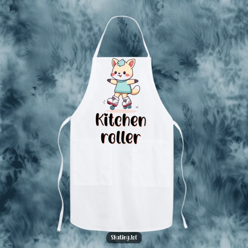 Funny playful animal character roller skating while wearing an apron, designed for comedic kitchen tasks and protection.