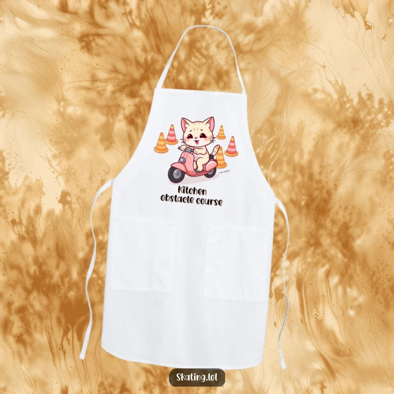 Funny Apron with a playful cat character weaving through cones on a scooter, designed for kitchen fun.