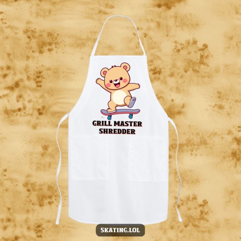 Funny Apron with a cheerful bear character landing a skateboard jump trick, ready for kitchen adventures.
