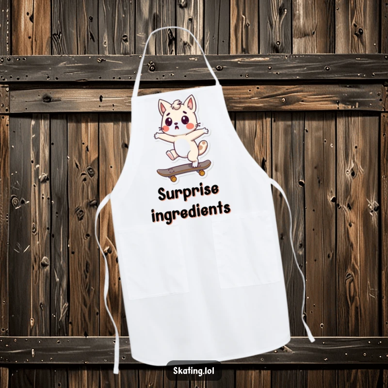Funny Skateboard Spin Apron showing a cute character doing a surprised spin on a skateboard, ready for kitchen tasks with humorous spontaneity.