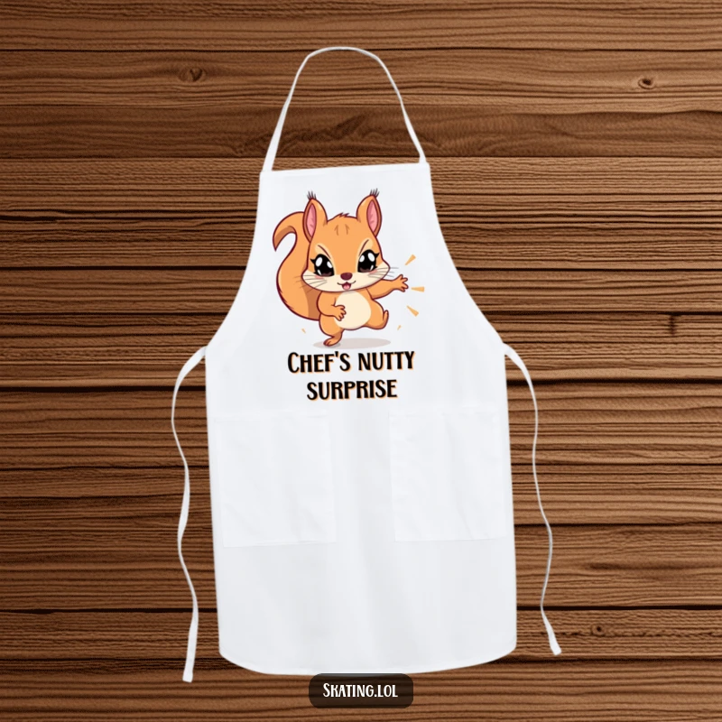Funny determined squirrel with wide eyes, attempting a flashy trick, humorous kitchen apron for chefs.