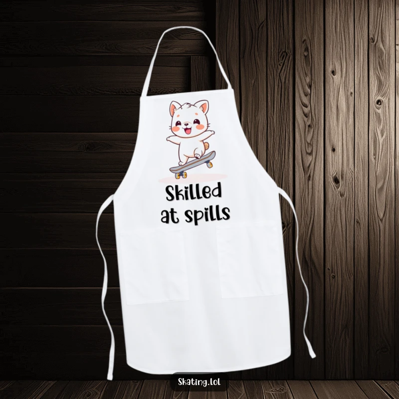 Funny apron showing a charming animal character trying to balance on a skateboard, a humorous kitchen accessory for aspiring skaters.