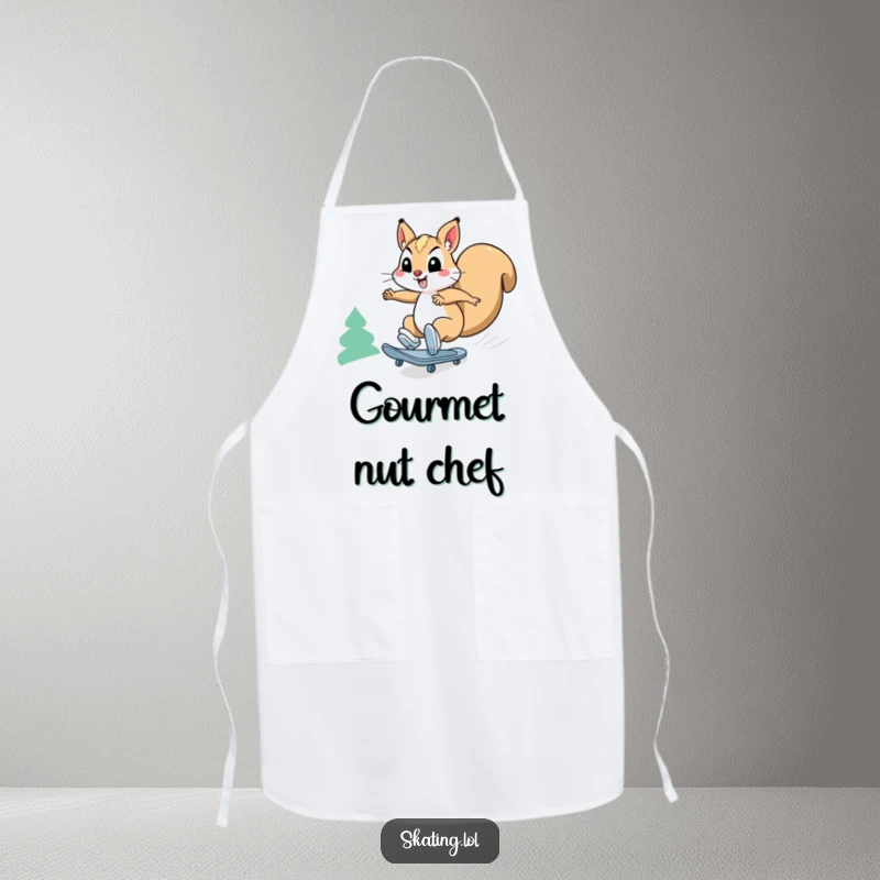 Funny squirrel apron: a happy squirrel character comically skates downhill at breakneck speed, a fun kitchen accessory.