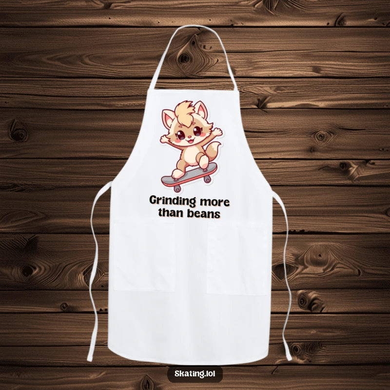 Funny Apron: A furry character with a cheeky smirk performs a kickflip on a skateboard, adding humor to cooking.