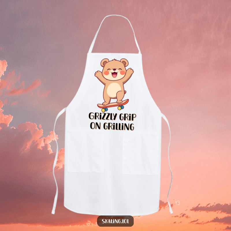 Funny bear wearing an apron, balancing on a skateboard, laughing, kitchen accessory for a funny gift.