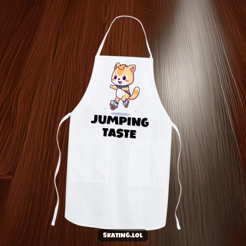 Funny Inline Cook Apron showing a happy wheeled character doing a small jump on inline skates, ready for kitchen tasks with humorous energy.