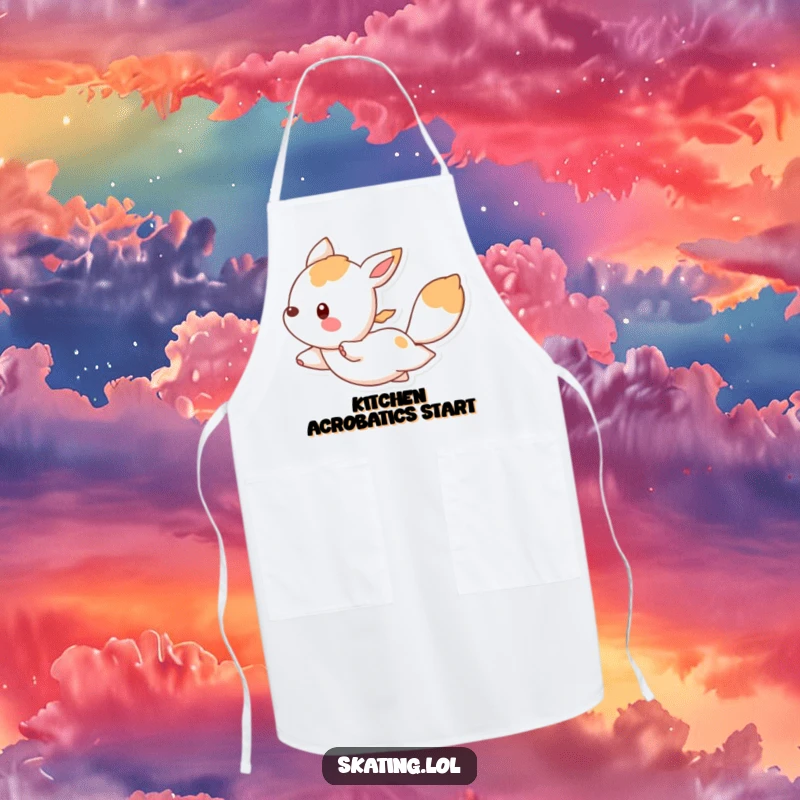 Funny apron with a bouncing animal character gliding gracefully, perfect for kitchen tasks with a humorous and elegant touch.