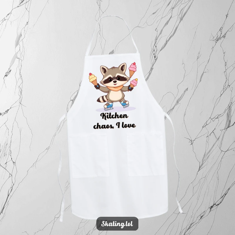 Funny apron featuring a mischievous raccoon juggling ice cream cones while ice skating, ideal for the playful chef who loves desserts.