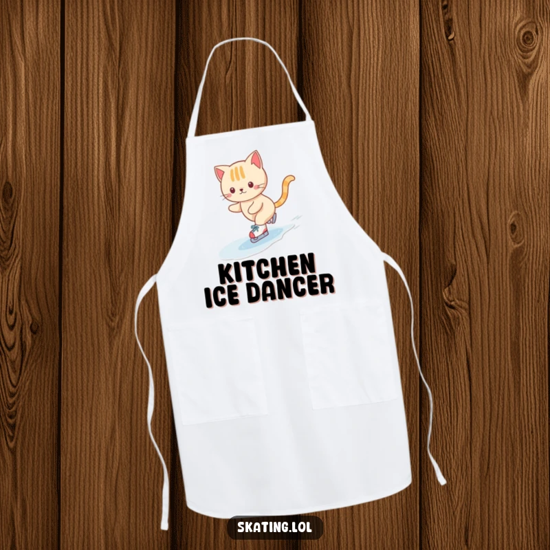 Funny apron showcasing a cute cat character gracefully ice skating on tiny skates, perfect for cooks who bring joy and humor to the kitchen.