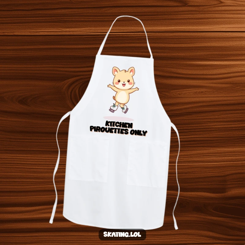 Funny apron showing a small animal character's wobbly pirouette on skates, adding humor to kitchen tasks.