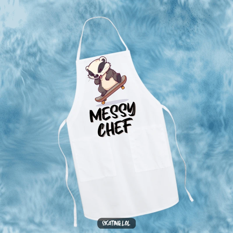 Funny apron showing a clumsy badger's legs hilariously tangled on a skateboard during a failed trick, looking joyful.