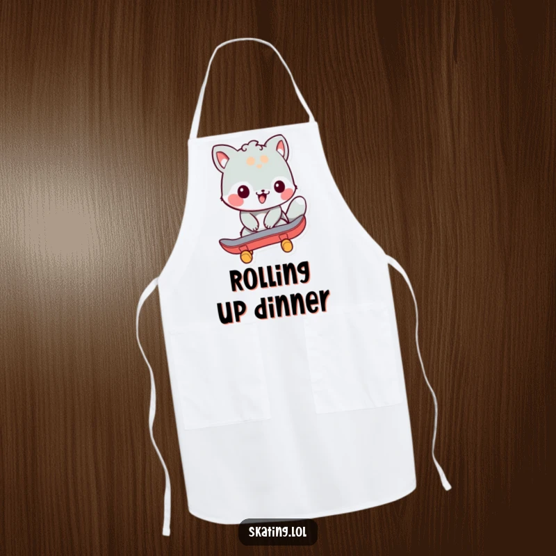 Funny apron showing a friendly animal character beginning to skate with a strong push-off, perfect for kitchen humor and skater enthusiasts.