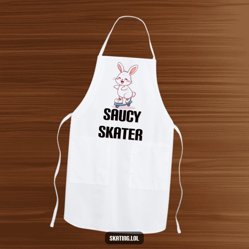 Funny giggling rabbit doing a playful spin on roller skates, humorous kitchen apron for chefs.