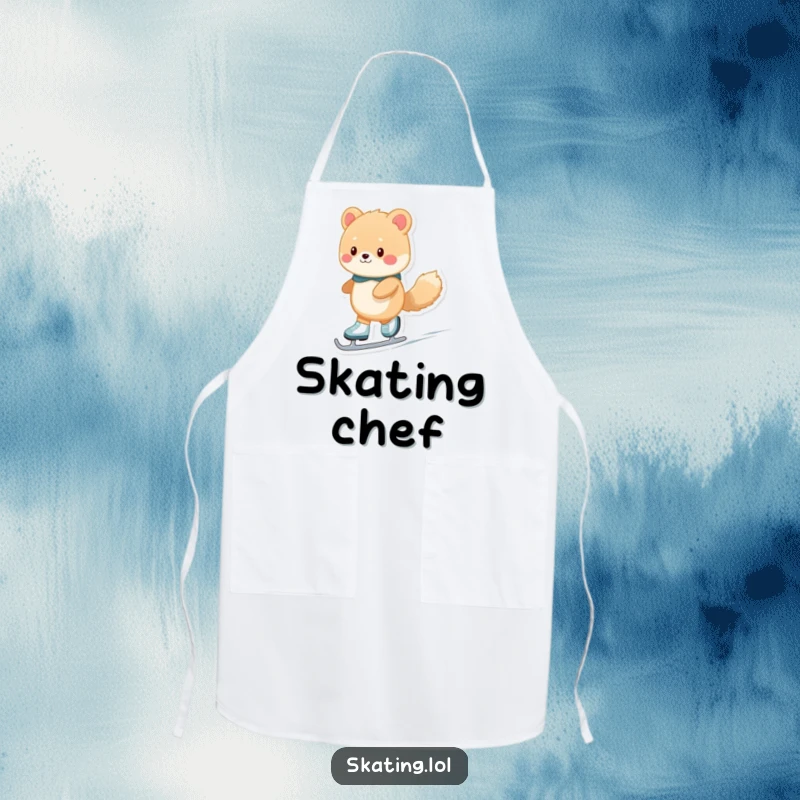 Funny fuzzy animal character ice skating while wearing an apron, designed for comedic kitchen adventures and protection.