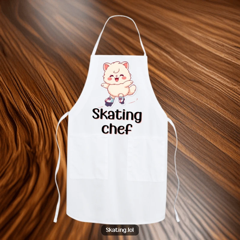 Funny Roller Skate Cook Apron showing a grinning fluffy character gliding on skates, ready for kitchen tasks with a humorous, dynamic style.
