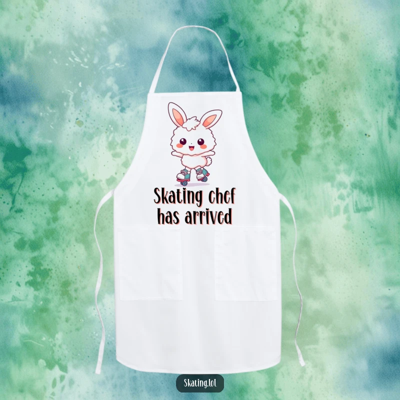Funny bunny apron: a fluffy bunny character joyfully glides on roller skates with a huge smile, a fun kitchen accessory.