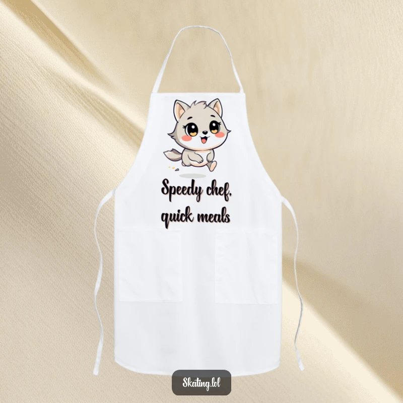 Funny Apron: A round animal character with wind-swept fur races with cheerful eyes, adding humor to cooking.