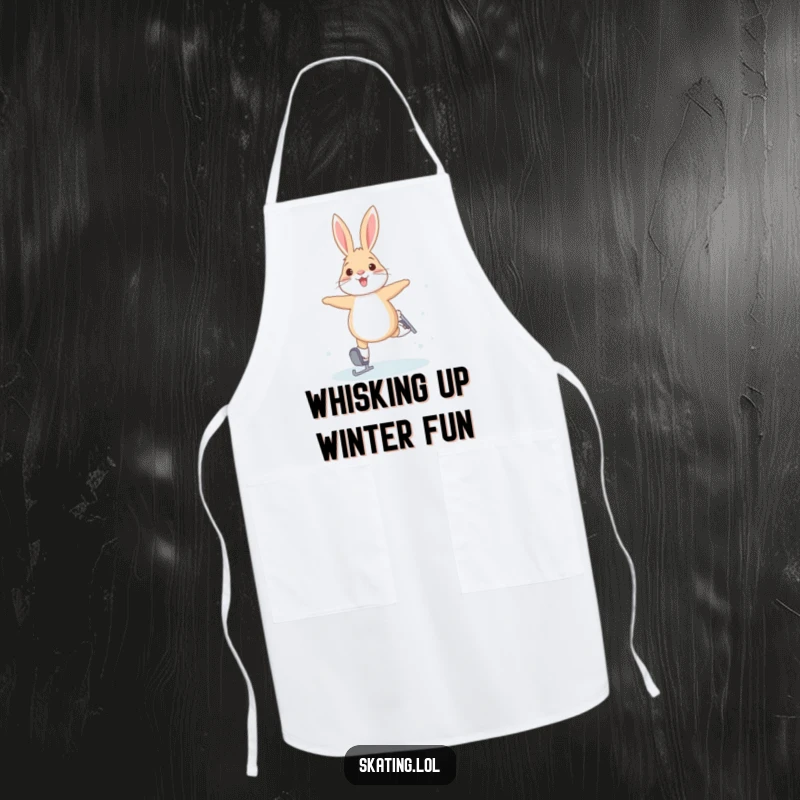 Funny apron featuring a joyful arctic hare performing bunny hops on ice skates, ideal for the playful chef who loves winter.
