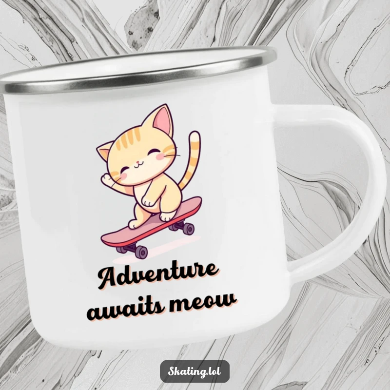 Funny cat character skateboarding gracefully on a trail, depicted on a rustic camping mug for outdoor enjoyment.
