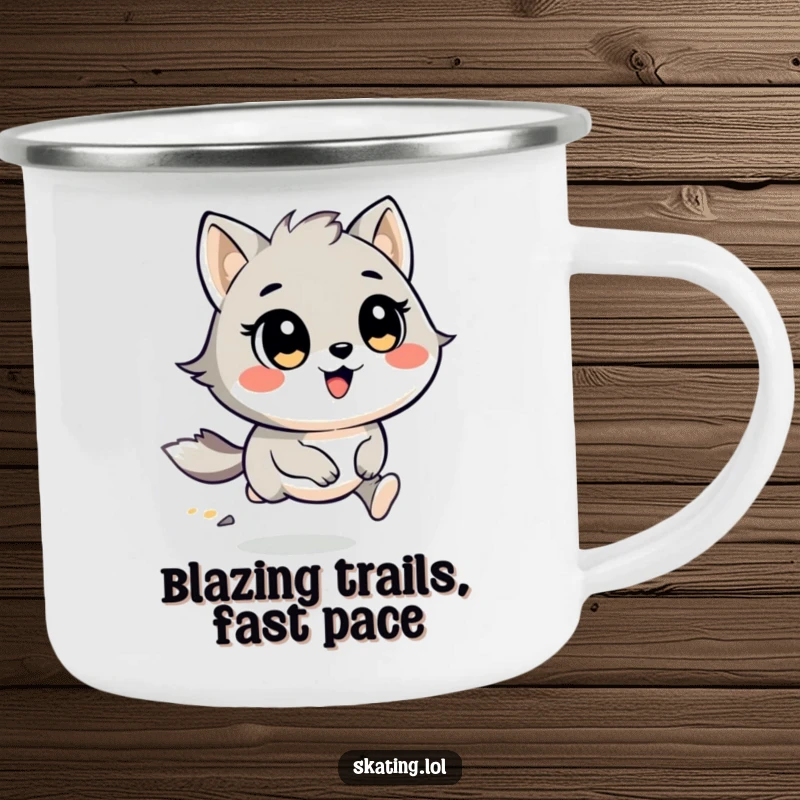 Funny Camping Mug: A round animal character with wind-swept fur races with cheerful eyes, ready for the campsite.