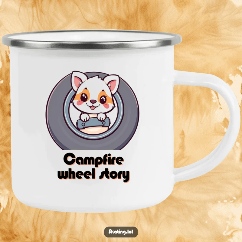 Funny enamel camping mug featuring a whimsical animal peeking from behind a large skateboard wheel, ready for fun.
