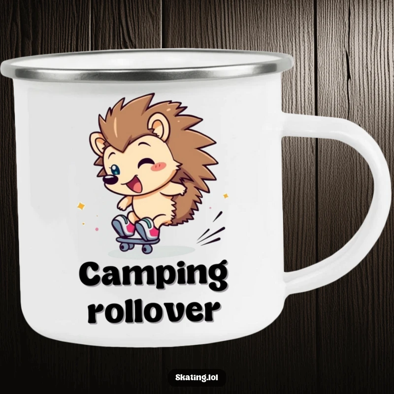 Funny Hedgehog Camping Mug: A clumsy hedgehog character rolls on skates, leaving a flurry of giggles outdoors.