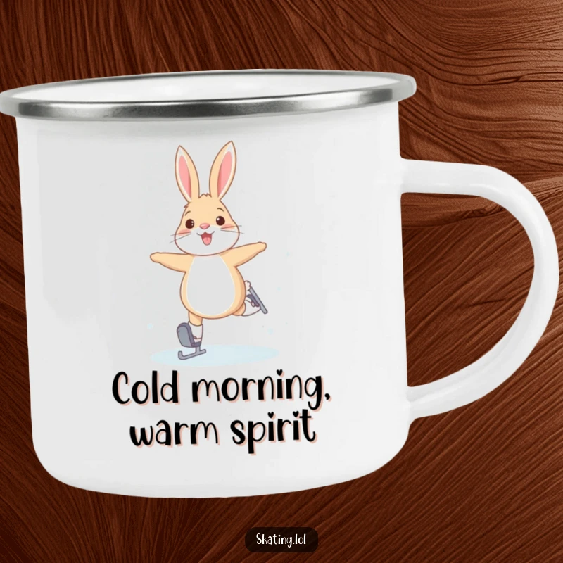 Funny camping mug with a joyful arctic hare attempting bunny hops on ice skates, for outdoor lovers who enjoy winter whimsy.