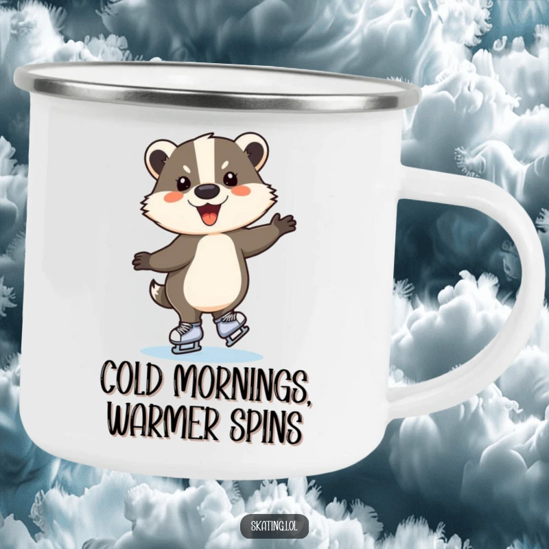 Funny ice skating badger camping mug, a cheerful animal on skates, sturdy and humorous for outdoor use.