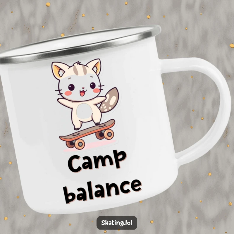 Funny animal character balancing on a single skateboard wheel on a durable camping mug, ideal for humorous outdoor enjoyment.