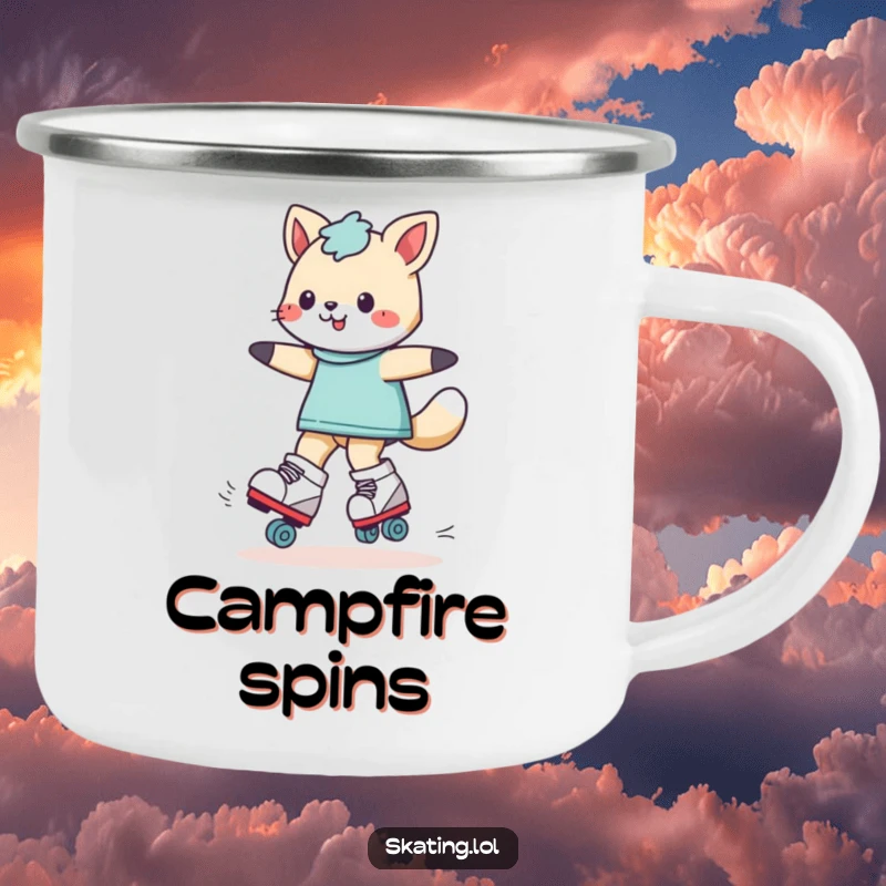 Funny playful animal character roller skating on a durable camping mug, ideal for humorous outdoor enjoyment and refreshment.