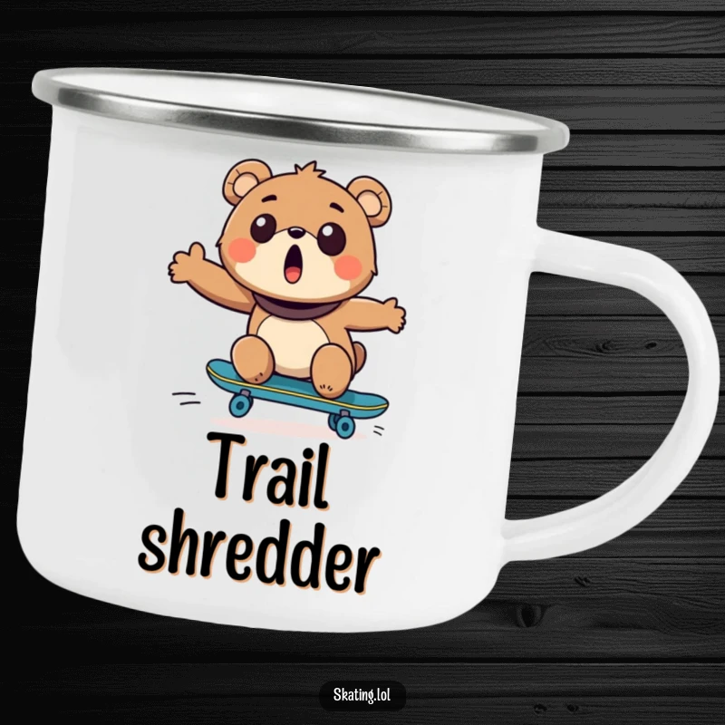 Funny Bear Skateboarder Camping Mug: A delighted bear on a skateboard, ready for outdoor adventures and hot beverages.
